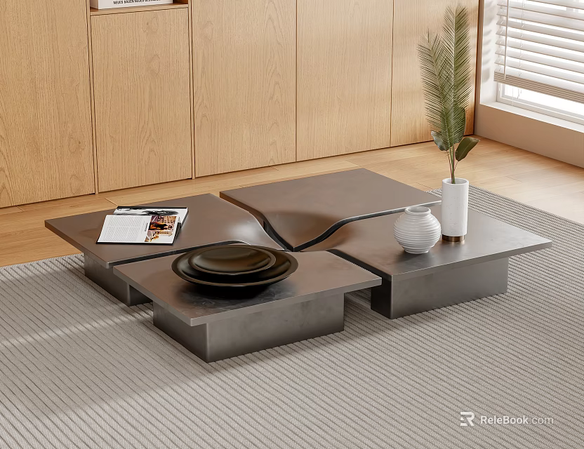 Modern Split Level Coffee Table With Wooden Cabinets Window Blinds And Potted Plant 3d model 