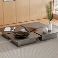 Modern Split Level Coffee Table With Wooden Cabinets Window Blinds And Potted Plant