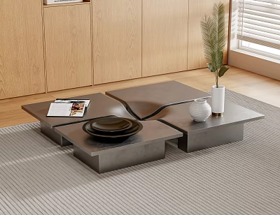 Modern Split Level Coffee Table With Wooden Cabinets Window Blinds And Potted Plant 3d model