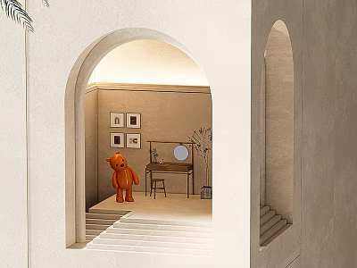 Light Colored Interior Space With Arched Doorway Orange Bear Sculpture Table Mirror Paintings And Plant 3d model