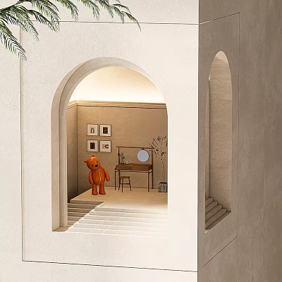 Light Colored Interior Space With Arched Doorway Orange Bear Sculpture Table Mirror Paintings And Plant 3d model