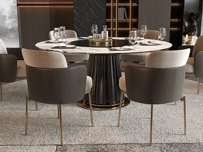 Elegant Modern Dining Table And Chairs Set Featuring Round White Tabletop Black Legs Grey Chairs 3d model