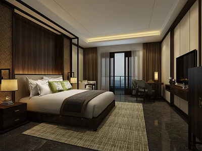 Luxurious Hotel Guest Room With King Bed Wooden Headboard And Floor to Ceiling Windows 3d model