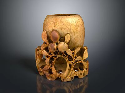 Hand Carved Decorative Sculpture With Cylindrical Body And Leaf Fruit Base 3d model