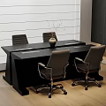 Modern White Office Desk with Vase Dried Branches and Black Office Chairs on Wooden Floor