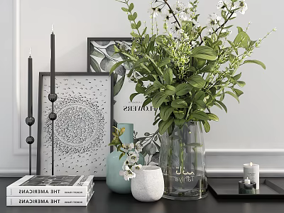 Stylish Decorative Accessories Set with Green Plants Books Art Prints Vases and Candles 3d model
