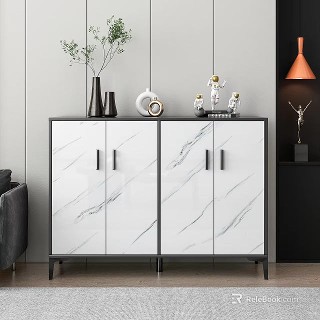 Modern Sleek Shoe Cabinet With White Marble Pattern Doors And Black Frame 3d model
