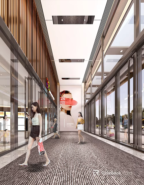 Modern Shopping Mall Lobby Interior With Glass Doors Pedestrians Large Billboard And Decorative Flooring 3d model 