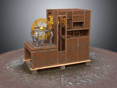 Antique Mechanical Clock with Rustic Wooden Frame Golden Gears and Spherical Device 3d model