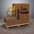 Antique Mechanical Clock with Rustic Wooden Frame Golden Gears and Spherical Device
