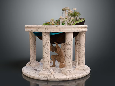 Marble Textured Sculpture Model With Circular Base Pillars And Ancient Temple Structure Lifted By Figure 3d model