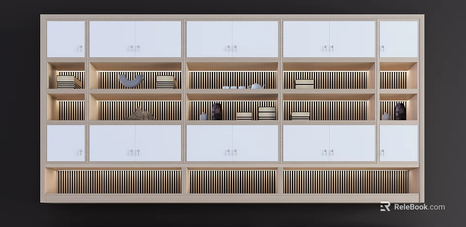 Modern Wooden Display Cabinet With White Doors Open Shelves And Decorative Items 3d model 