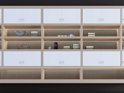 Modern Wooden Display Cabinet With White Doors Open Shelves And Decorative Items 3d model