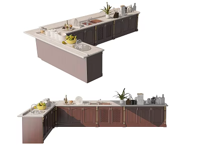 Modern Kitchen Interior With Brown Wood Cabinets Marble Countertop And Plants 3d model