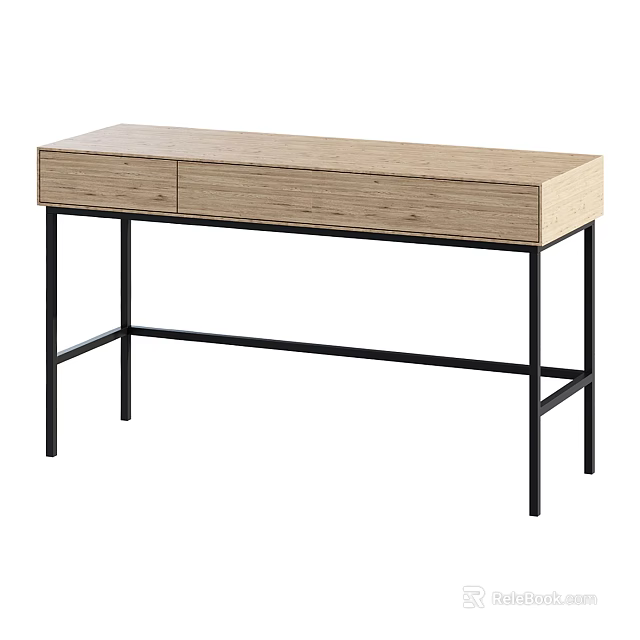 Modern Wooden Desk With Drawers And Black Metal Legs Minimalist Design 3d model 
