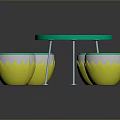 Round Green Dining Table With Four Egg Shaped Yellow And White Stools Modern Smooth Surface