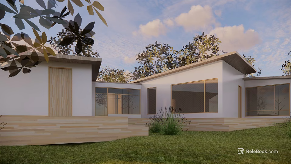Modern Minimalist White House Exterior With Lawn Trees Blue Sky And Wooden Steps 3d model 