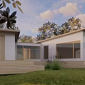 Modern Minimalist White House Exterior With Lawn Trees Blue Sky And Wooden Steps