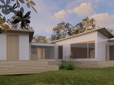 Modern Minimalist White House Exterior With Lawn Trees Blue Sky And Wooden Steps 3d model