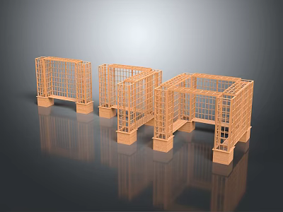 Three Wooden Fences Featuring Grid Design and Various Styles 3d model