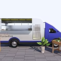 Montaditos Food Truck Blue White Design Open Service Window Side Shelf Potted Plant Fruit
