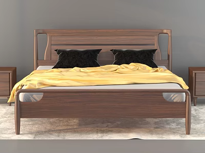Modern Wooden Bed Design With Black Pillows Yellow Throw Blanket And Nightstands 3d model