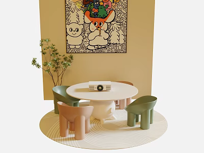 Round Children's Table With Colorful Chairs And Decorations 3d model