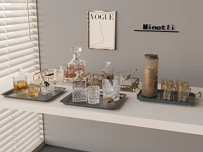 Modern Wine Bottles and Glasses Arrangement on Stylish Trays with Elegant 3d model