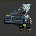 Blue Haired Character With Goggles In Mechanical Outfit Holding Large Weapon And Small Creature Companion