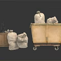 Vintage Household Supplies With Wheeled Cart Wooden Box Sacks Cloths And Lantern