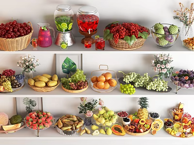 Fresh Assorted Fruits Displayed on Shelves with Baskets Jars and Decorative Flowers 3d model