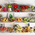 Fresh Assorted Fruits Displayed on Shelves with Baskets Jars and Decorative Flowers
