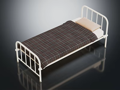 Single Bed With White Metal Frame Brown Plaid Bedding And Light Pillow 3d model