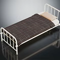 Single Bed With White Metal Frame Brown Plaid Bedding And Light Pillow