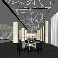 Modern Luxury Sales Office Lobby With Chandelier Marble Floor Blue Sofas White Columns