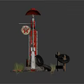 Vintage Gas Station Scene With Retro Pump Red Street Lamp And Wooden Fence
