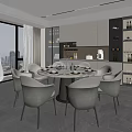 Modern Restaurant Interior With Marble Dining Table Gray Chairs And City View Window 3d model