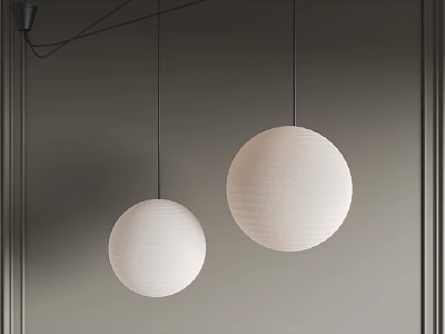 Two White Round Paper Lantern Pendant Lights in Modern Minimalist Interior Design 3d model