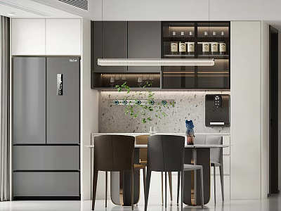 Modern Restaurant Open Kitchen Interior With Dining Table Chairs Cabinets And Plants 3d model
