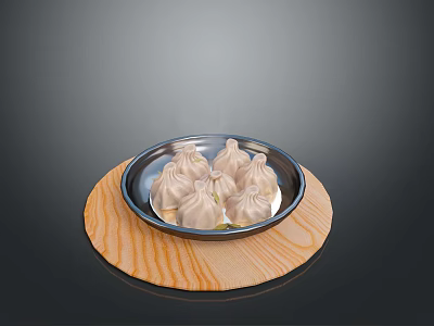 Steaming Dumplings Served on Silver Plate with Wooden Tray Background 3d model