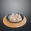 Steaming Dumplings Served on Silver Plate with Wooden Tray Background