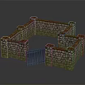 Medieval Stone Wall Enclosure With Iron Gate And Brick Structure Details 3d model