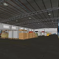 Spacious Industrial Warehouse Interior With Stacked Boxes On Pallets And Shelves