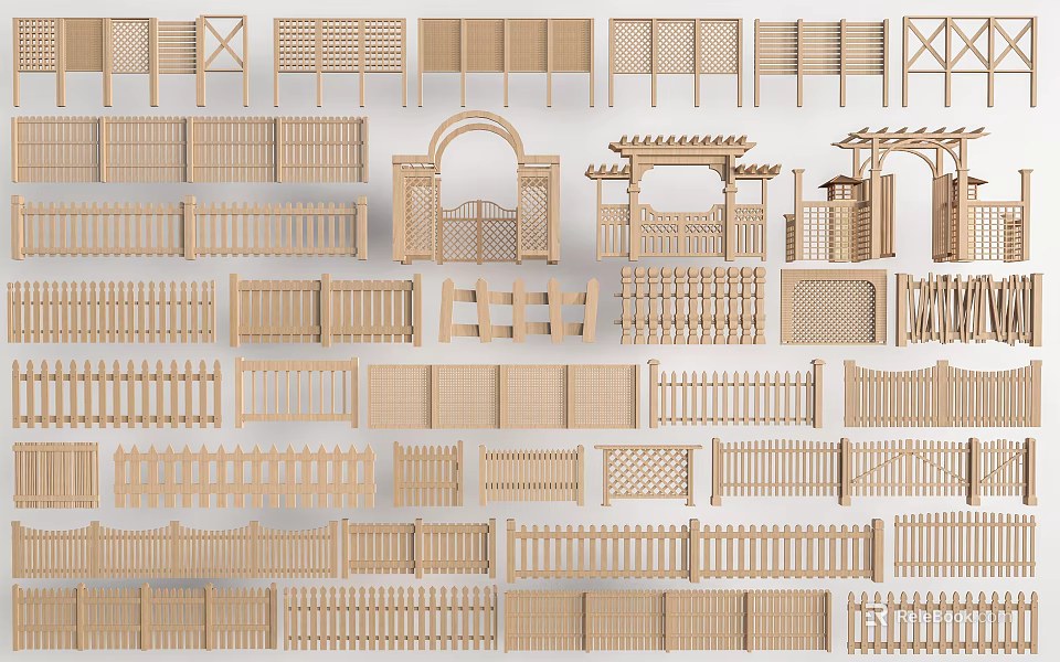 Wooden Railings Collection for Home Garden Featuring Various Designs Fences Arches and Pergolas 3d model 
