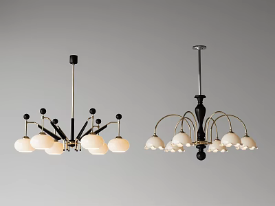 Two Modern Luxury Chandeliers with Black Gold Frames and Multiple White Lampshades 3d model