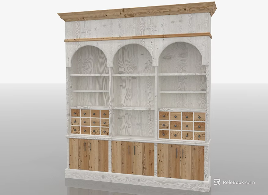 Rustic Wooden Storage Cabinet With Arched Shelves Drawers And Natural Wood Finish 3d model 