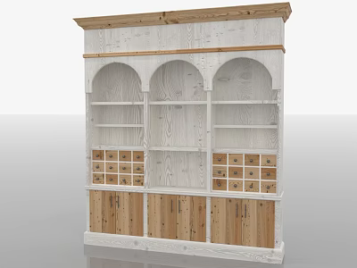 Rustic Wooden Storage Cabinet With Arched Shelves Drawers And Natural Wood Finish 3d model