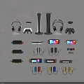 Gaming Equipment Display With Consoles Controllers Headphones And Handheld Devices