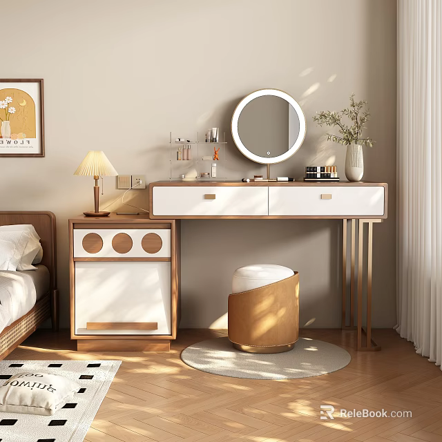 Modern Minimalist Dressing Table With Round Mirror Stool And Decorative Items 3d model 