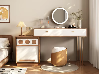Modern Minimalist Dressing Table With Round Mirror Stool And Decorative Items 3d model